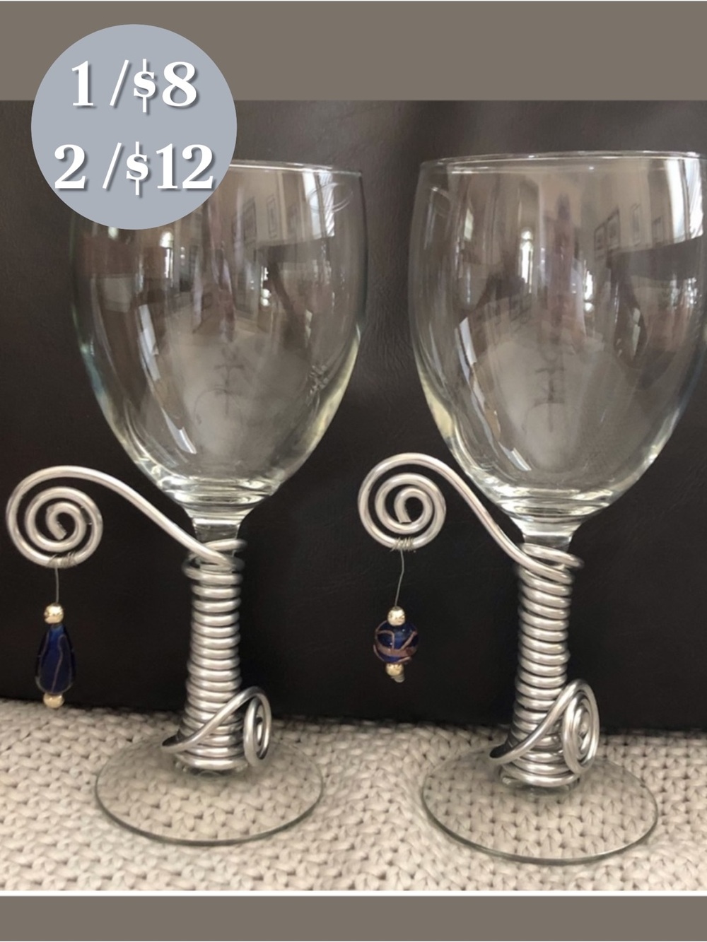 🪅🍷Wine Glasses Embellished w Bead Charms.  Set of Two (2).  NWOT.